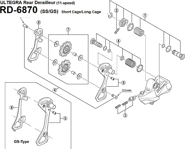 Shimano Ultegra Di2 RD-6870 / RD-6770 Short Cage Rear Derailleur Spare Part | Complete Axle Assembly for Chain Guide No. 4
