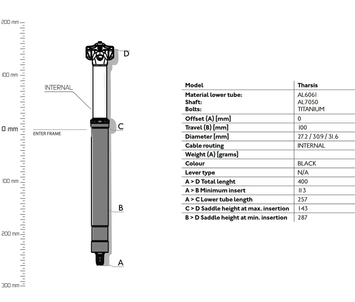 PRO Tharsis DSP Vario seatpost 31.6 x 400 mm, 100 mm travel, internal, without lever