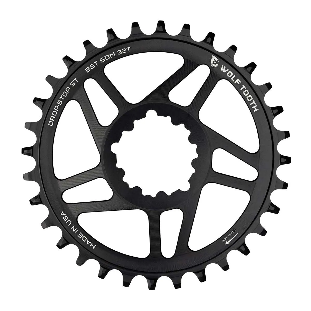Wolf Tooth Drop-Stop ST Chainring HG+ 12-speed – Sram Direct Mount 3 mm Offset Black 32 Teeth