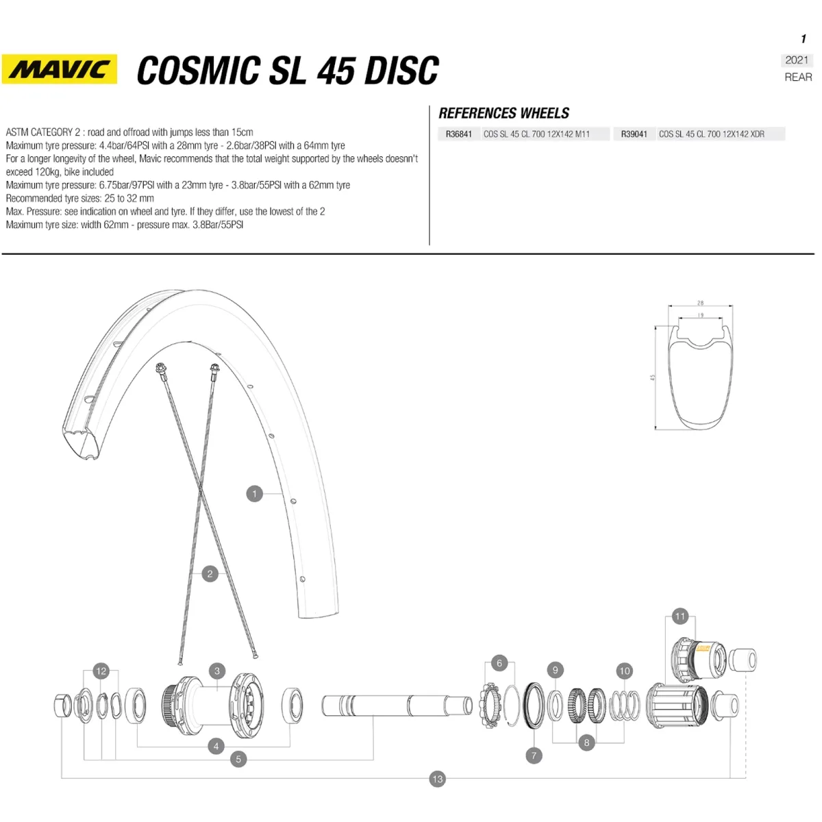 Mavic Cosmic SL 45 Disc Wheel, 2021–24 model | Replacement rim for front and rear wheels