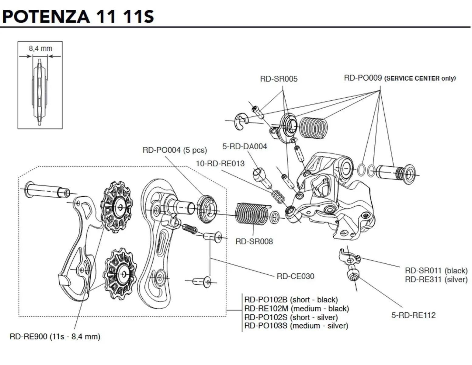 Campagnolo 11-speed rear derailleur spare parts set RD-RE102M | Chain guides, medium cage with pulleys
