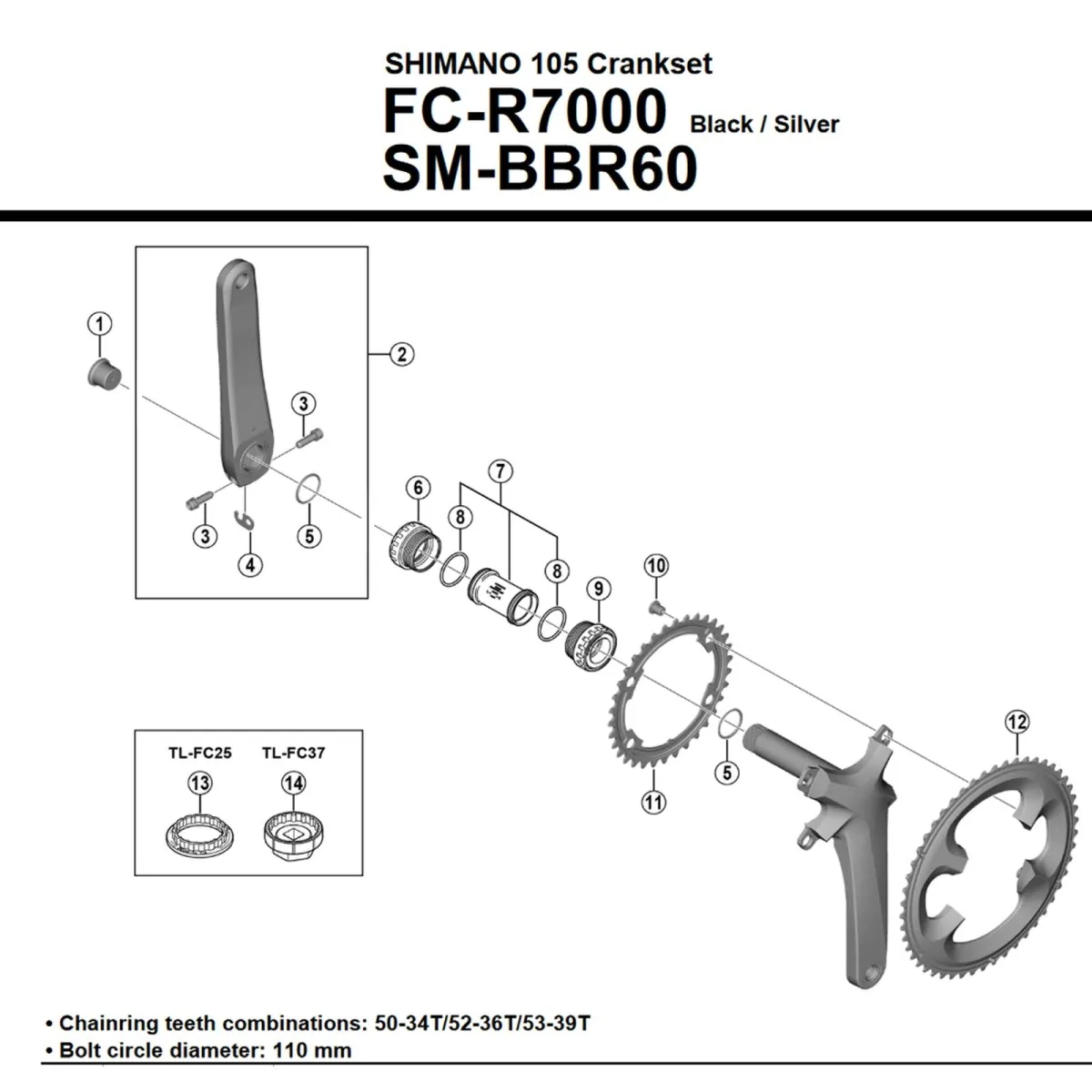 Shimano 105 FC-R7000 Crankset Spare Part | Left crank arm, black, length 160 mm