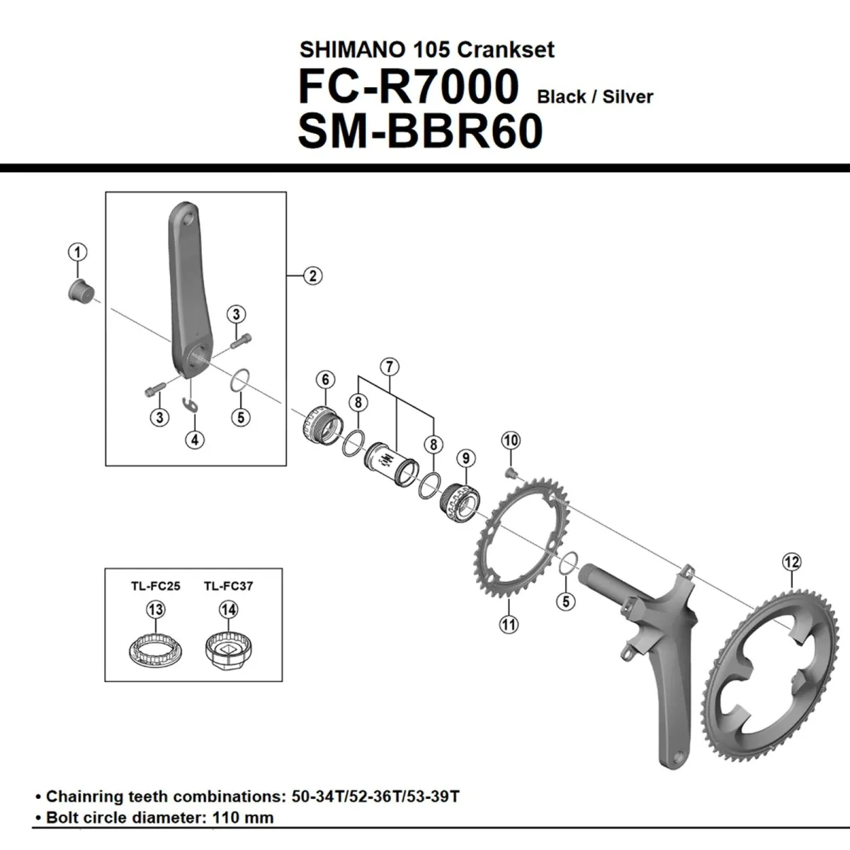 Shimano 105 Crankset FC-R7000 Spare Part | Left crank arm, black, length 175 mm