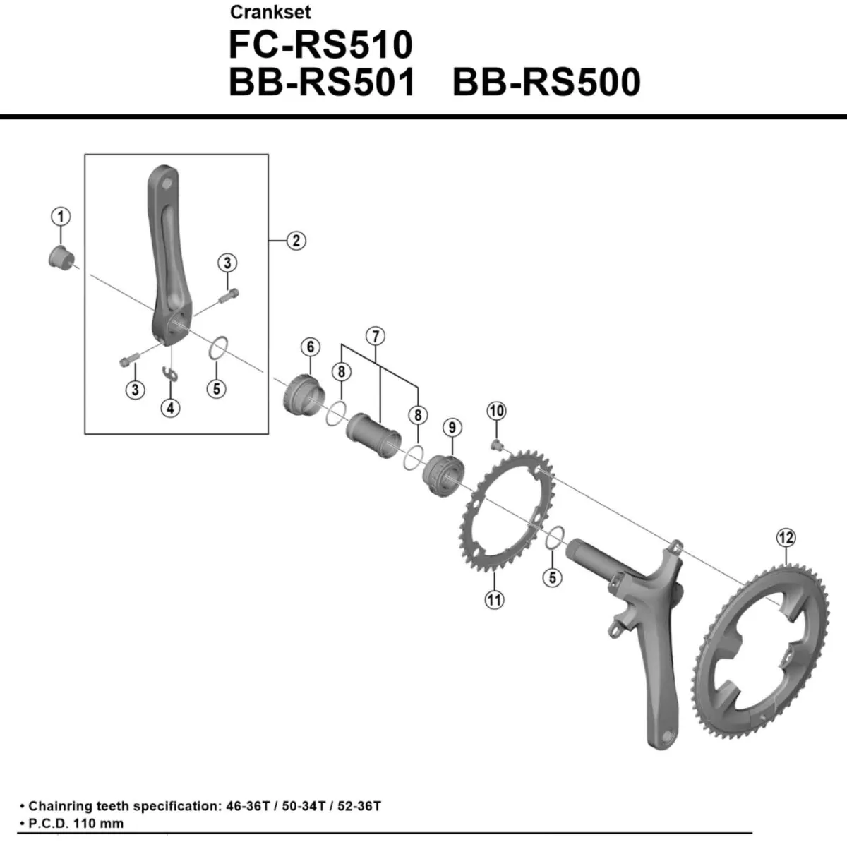 Shimano FC-RS510 crankset, 11x2-speed, 52-36 teeth, 175 mm