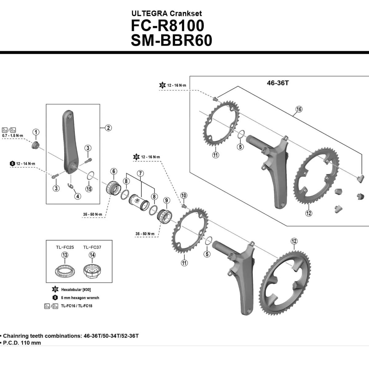 Shimano Ultegra FC-R8100 crankset, 46-36 teeth, 12-speed, length 175 mm